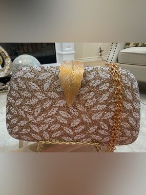 Gold Leaf-Accent Evening Clutch with Chain Strap